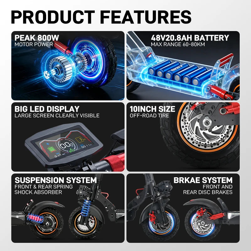 Mankeel MX-14 Pro Adult Electric Scooter 800W 48V 20.8Ah Off-Road Escooter 10" Off-Road Tire Foldable E-Scooter