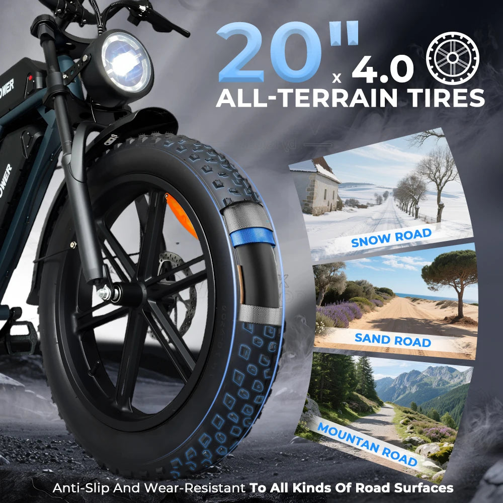 EU Stock DEEPOWER QS7 Electric Bicycle 1500W 48V 60AH Lithium Battery Electric Bike 20*4.0 Fat Tire Snow E-bike,dual shock absor