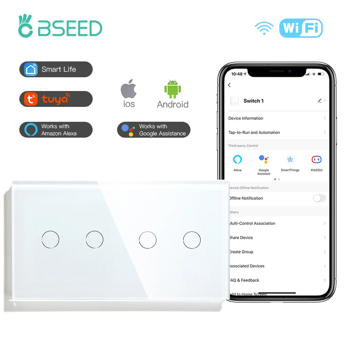 BSEED Wifi Touch Swithces Wall Light Switch With EU Socket USB Type-C Plugs Tuya Smart Life Alexa Yandex App Control Glass Panel