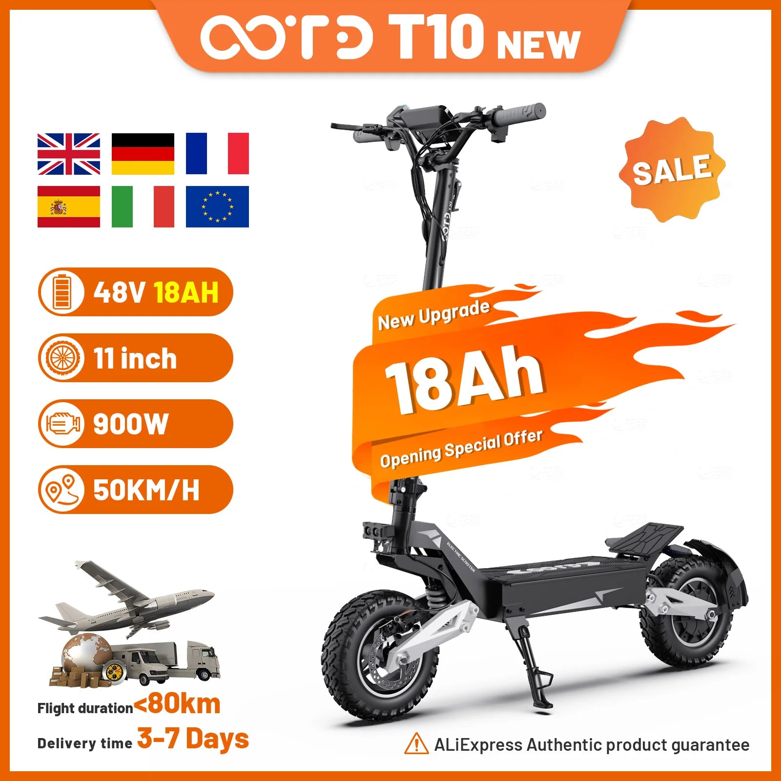 OOTD T10 900W Peak Motor E-Scooter 48V18Ah Battery Front and Rear Disc Brakes Electric Scooter 11-inch tires Scooters Electric