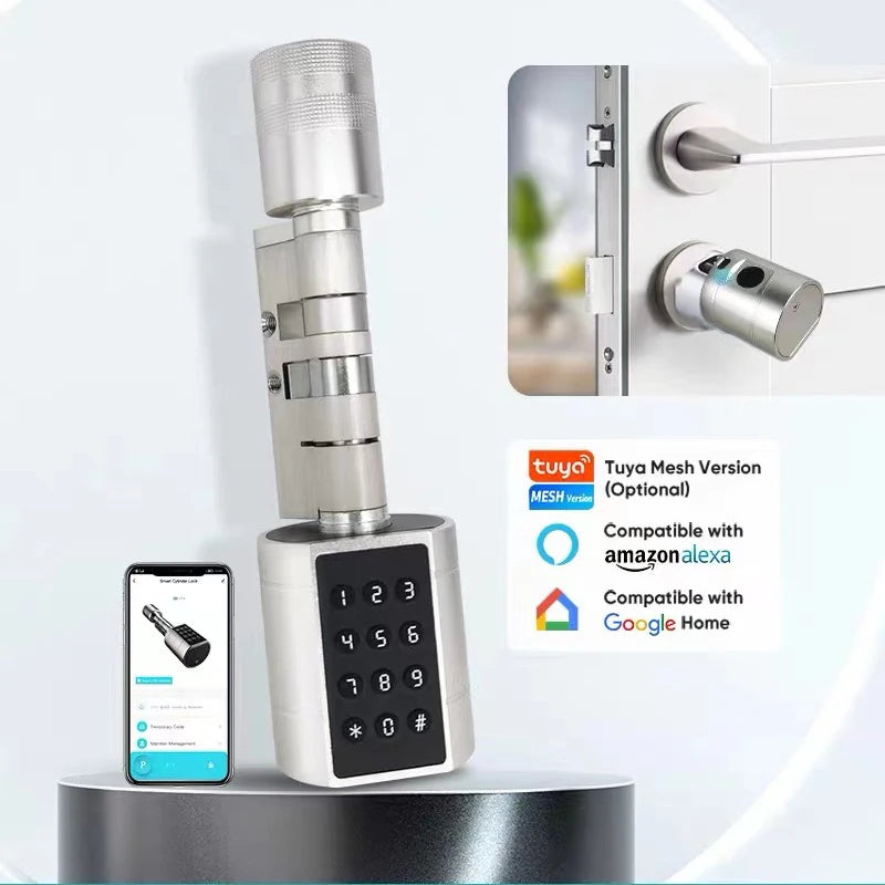 Tuya APP Fingerprint Cylinder Electronic Smart Door Lock Digital Keypad Code Key Card Remote Control Adjustable Home Apartment