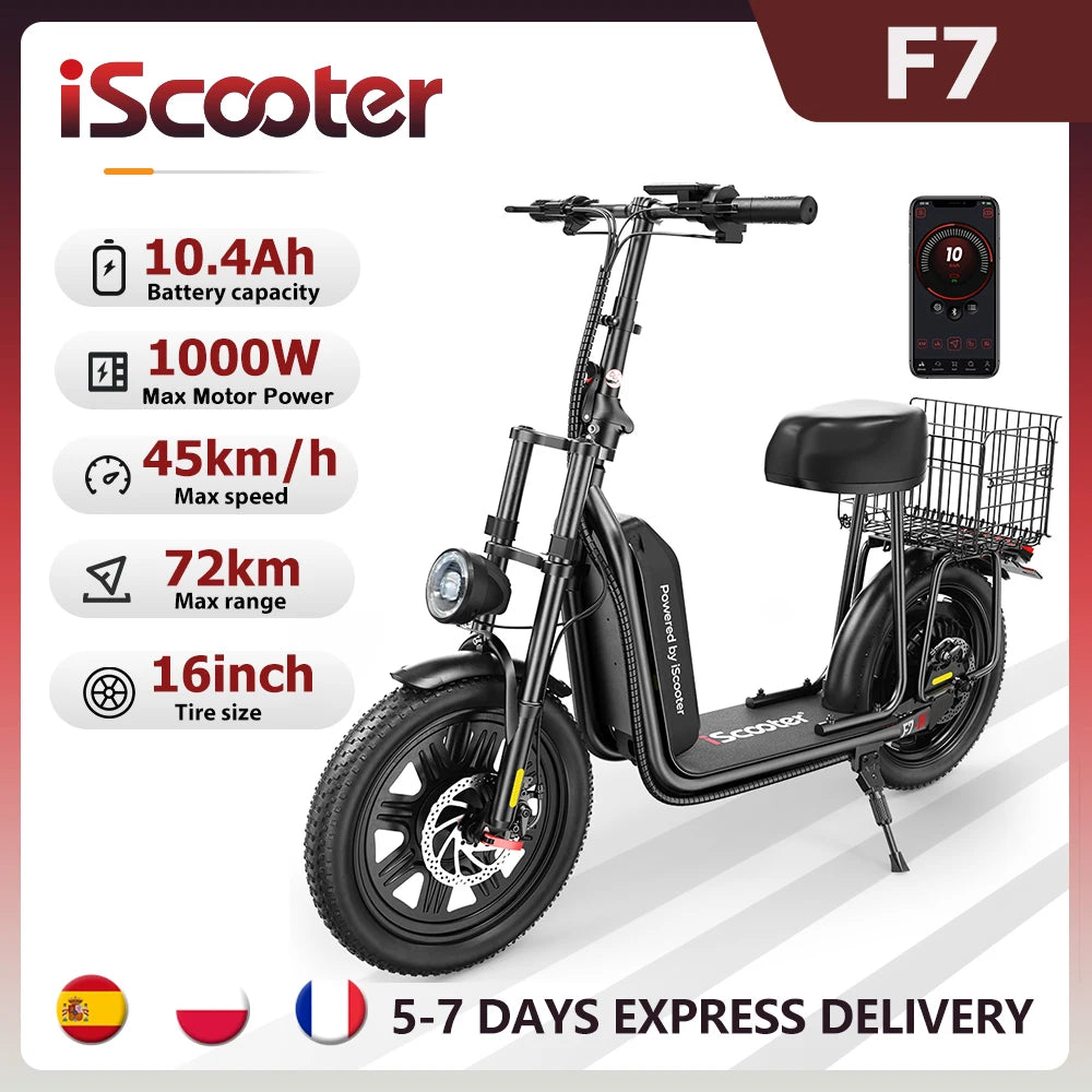 iScooter F7 48V 1000W E-Scooter 45km/h 72km Range App Control 16" All-Terrain Tires Foldable Rear Basket Perfect Grocery Helper
