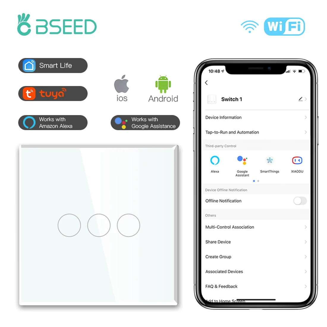 BSEED Wifi Touch Swithces Wall Light Switch With EU Socket USB Type-C Plugs Tuya Smart Life Alexa Yandex App Control Glass Panel