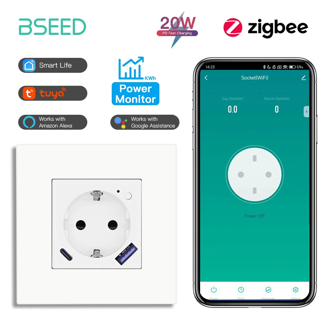 BSEED Zigbee Smart AC Socket EU Power Sockets With USB Type-c Fast Charging Ports Tuya Smart Life Alexa App Plastic Frame White