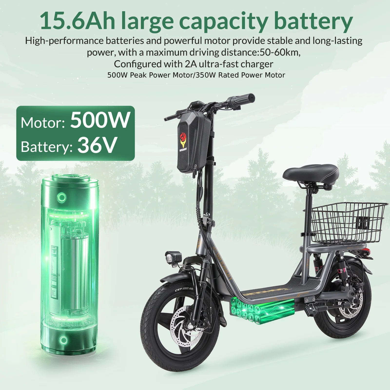 K14 Electric Scooter 500W Peak Motor, 14'' Tires,36V 15.6Ah Battery,32km/h Max Speed,50-60km Range,350W Rated Motor, Disc Brakes