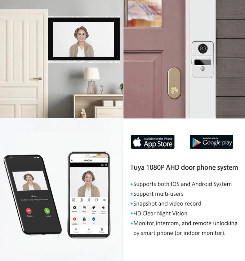 4 Wire Digital Video Intercom System 7 / 10.1 Inch Wireless WIFI Monitor 1080P Doorphone Camera Video Doorbell Card Tuya Unlock