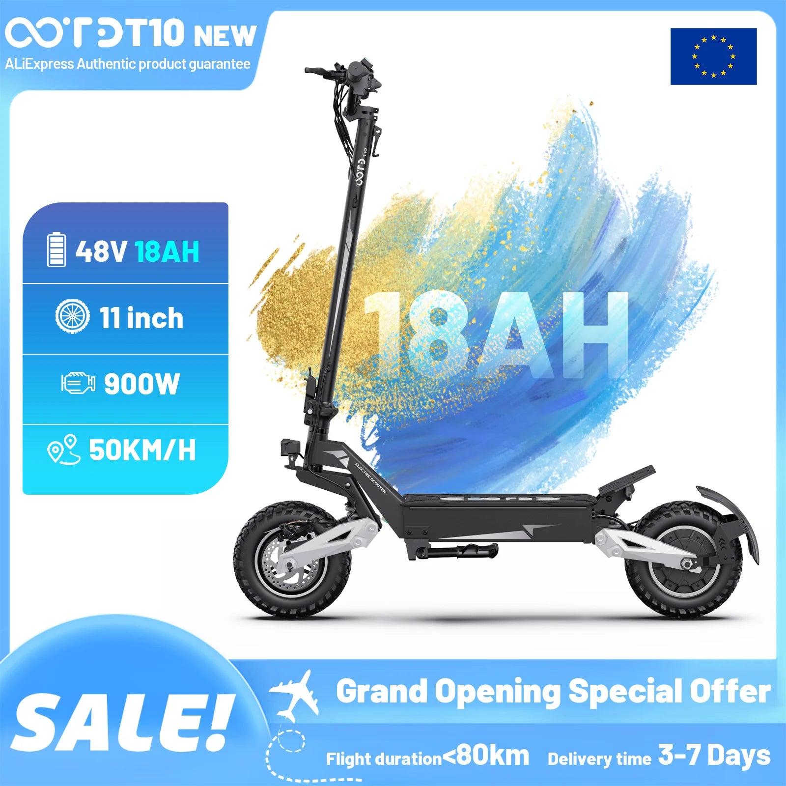 OOTD T10 900W Peak Motor E-Scooter 48V18Ah Battery Front and Rear Disc Brakes Electric Scooter 11-inch tires Scooters Electric
