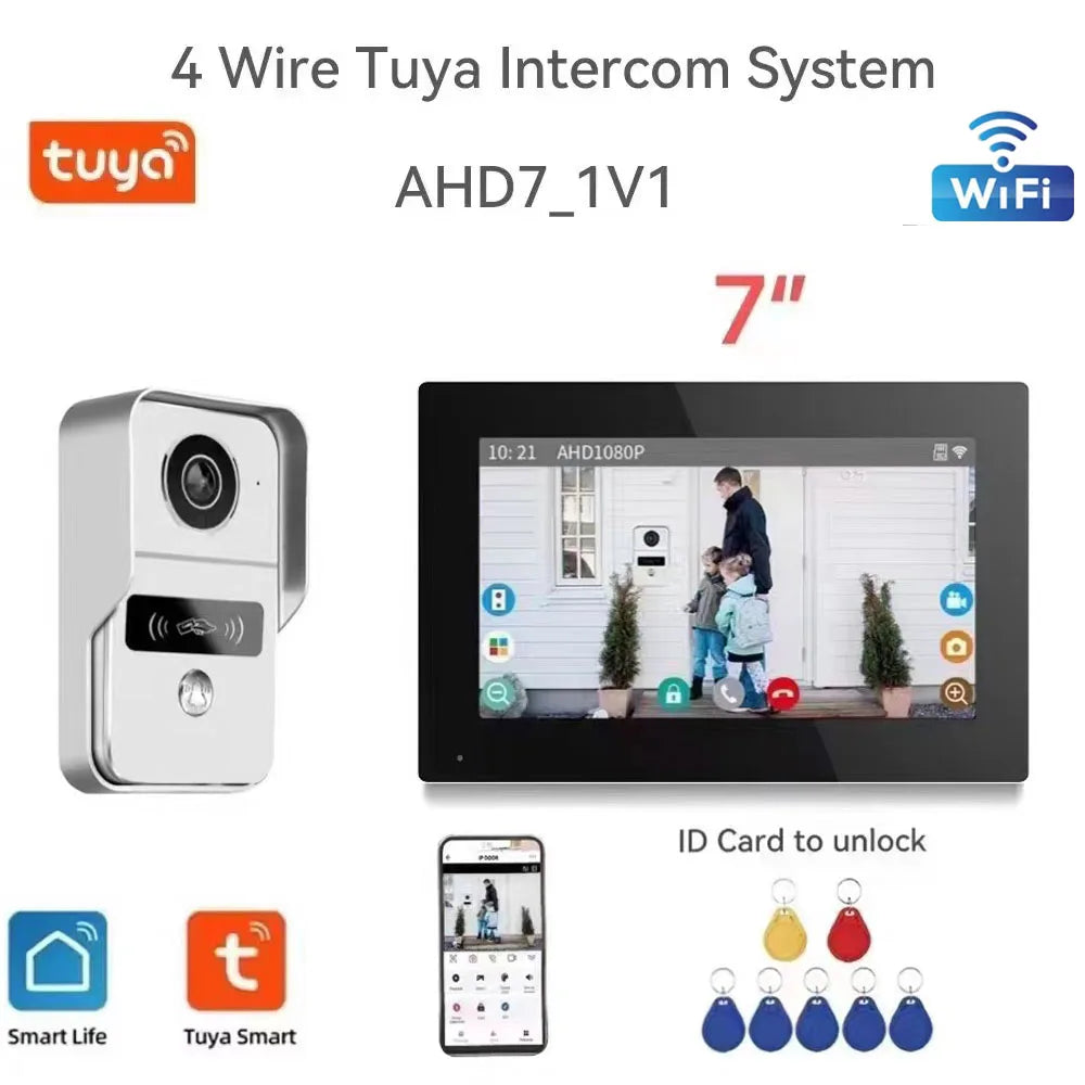 4 Wire Digital Video Intercom System 7 / 10.1 Inch Wireless WIFI Monitor 1080P Doorphone Camera Video Doorbell Card Tuya Unlock