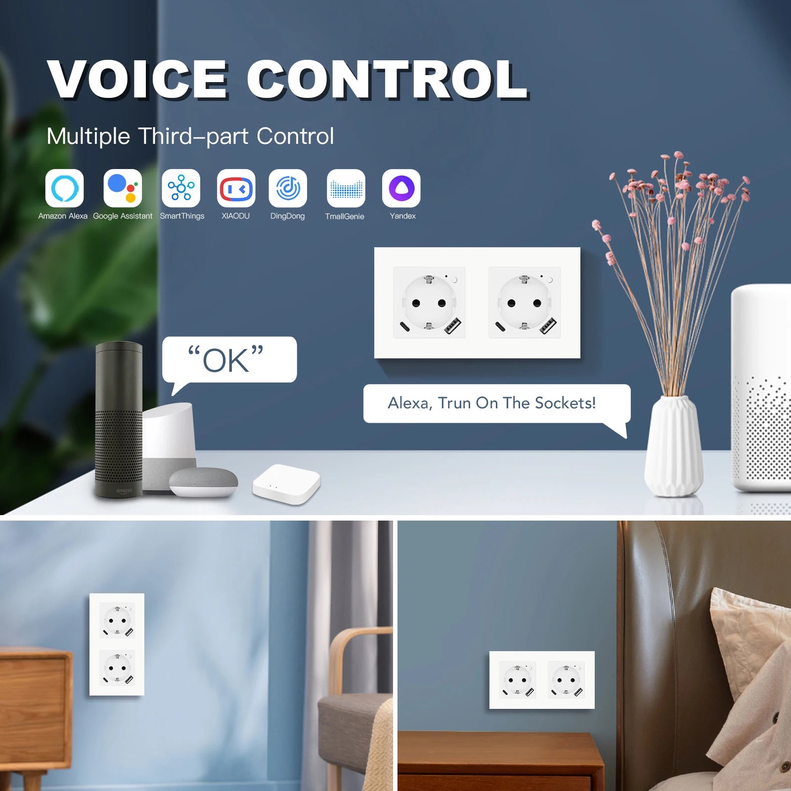 BSEED Zigbee Smart AC Socket EU Power Sockets With USB Type-c Fast Charging Ports Tuya Smart Life Alexa App Plastic Frame White