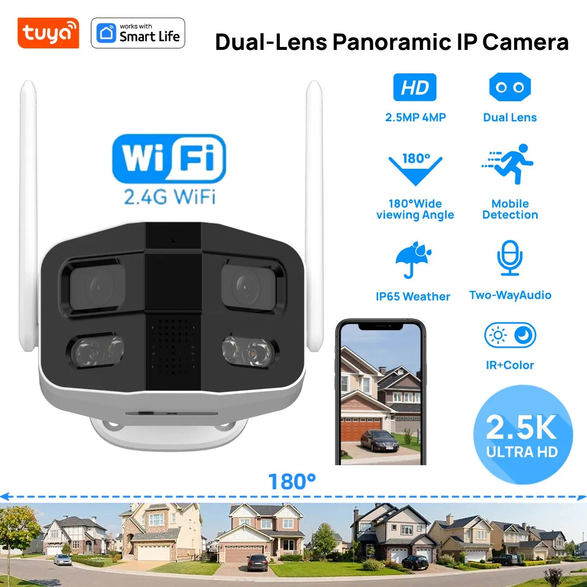 Tuya Smart 4MP 2.5K Dual-Lens Large wide 180°Security Camera , Outdoor Camera,With Color Night Vision/Siren/2-Way Talk IP Camera