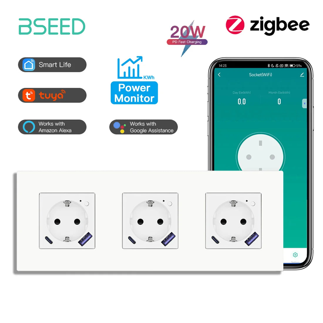 BSEED Zigbee Smart AC Socket EU Power Sockets With USB Type-c Fast Charging Ports Tuya Smart Life Alexa App Plastic Frame White