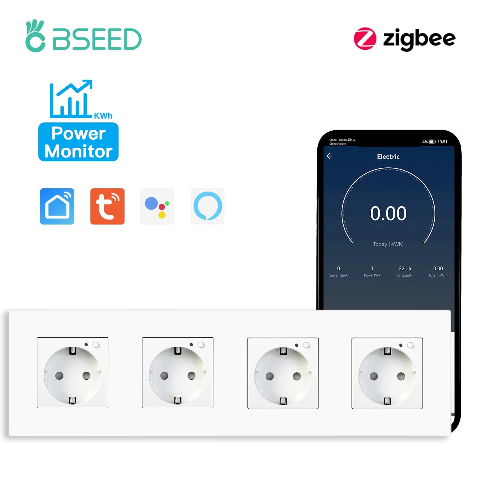 BSEED Zigbee Smart AC Socket EU Power Sockets With USB Type-c Fast Charging Ports Tuya Smart Life Alexa App Plastic Frame White
