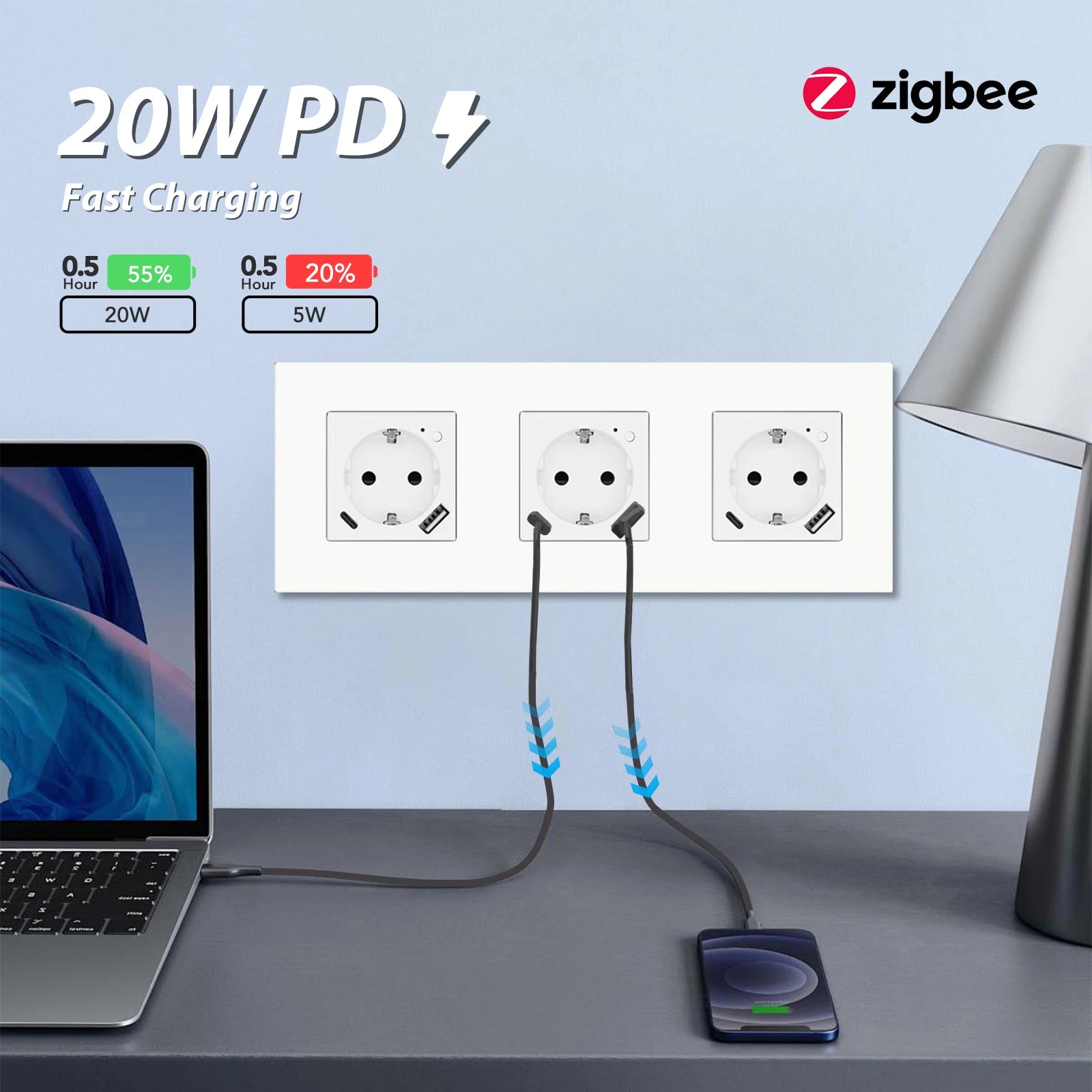BSEED Zigbee Smart AC Socket EU Power Sockets With USB Type-c Fast Charging Ports Tuya Smart Life Alexa App Plastic Frame White