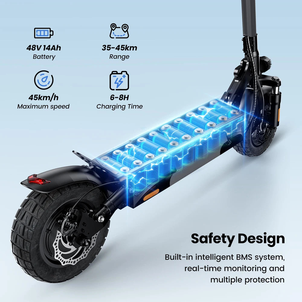 iScooter W9 Electric Scooter 10 inch 1000W 48V14Ah 35-45km Range 45km/h Max Speed Off Road Tires Rear Drive Dual Disc Brakes