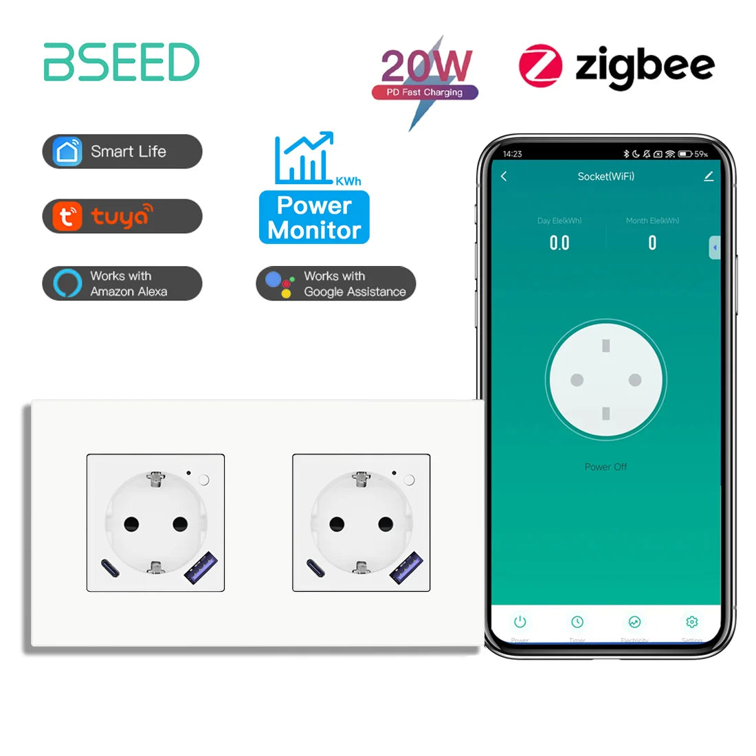 BSEED Zigbee Smart AC Socket EU Power Sockets With USB Type-c Fast Charging Ports Tuya Smart Life Alexa App Plastic Frame White