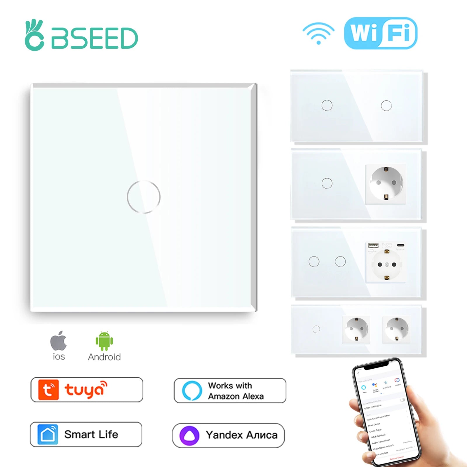 BSEED Wifi Touch Swithces Wall Light Switch With EU Socket USB Type-C Plugs Tuya Smart Life Alexa Yandex App Control Glass Panel