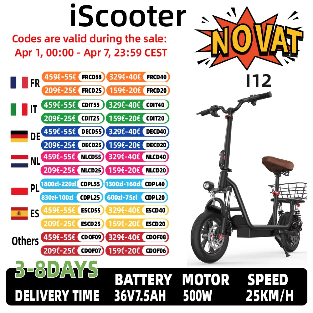 ISCOOTER I12 Adult Electric Scooter 500W Motor 36V7.5AH Battery Electric Scooter 12 Inch Urban Commuting Electric Scooter