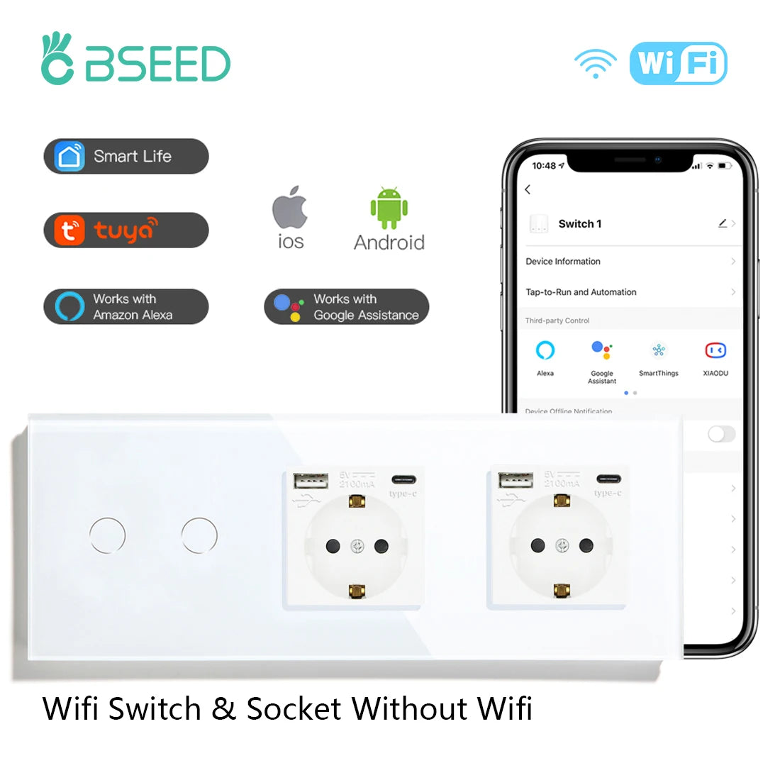 BSEED Wifi Touch Swithces Wall Light Switch With EU Socket USB Type-C Plugs Tuya Smart Life Alexa Yandex App Control Glass Panel