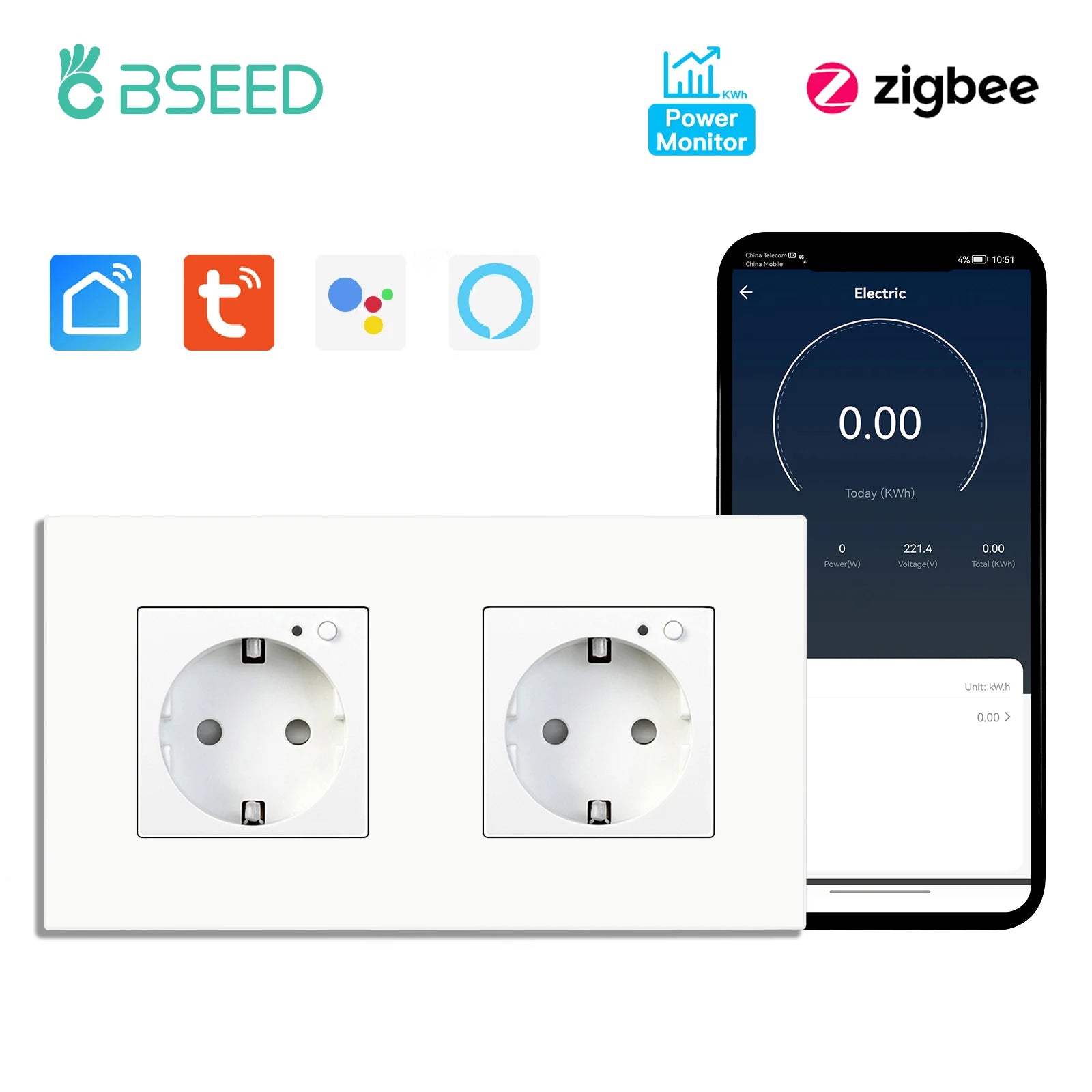 BSEED Zigbee Smart AC Socket EU Power Sockets With USB Type-c Fast Charging Ports Tuya Smart Life Alexa App Plastic Frame White