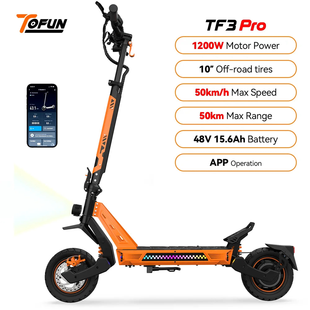 TOFUN TF3 PRO Electric Scooter 1200W with APP speed Maxi 50 km/h autonomy 40-50km 48V 15.6Ah tires 10 inch 4 Modes foldable