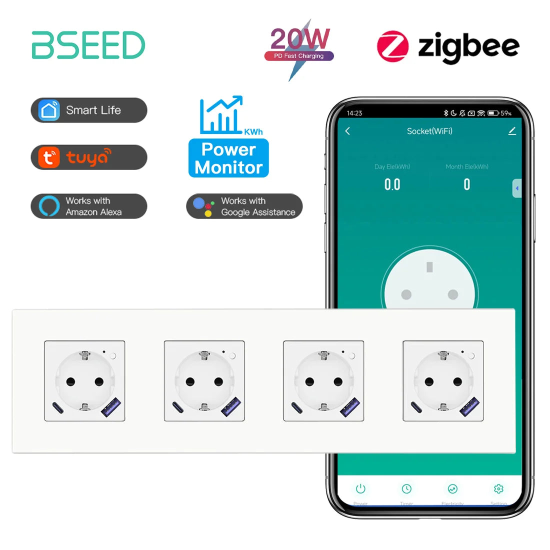 BSEED Zigbee Smart AC Socket EU Power Sockets With USB Type-c Fast Charging Ports Tuya Smart Life Alexa App Plastic Frame White