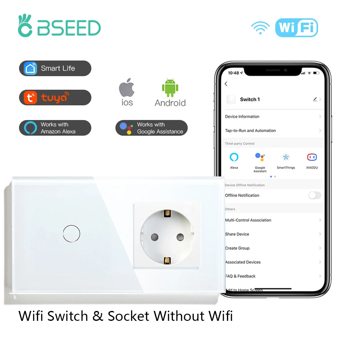 BSEED Wifi Touch Swithces Wall Light Switch With EU Socket USB Type-C Plugs Tuya Smart Life Alexa Yandex App Control Glass Panel