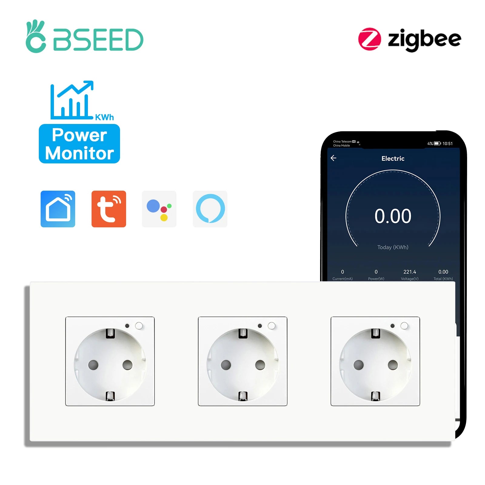 BSEED Zigbee Smart AC Socket EU Power Sockets With USB Type-c Fast Charging Ports Tuya Smart Life Alexa App Plastic Frame White