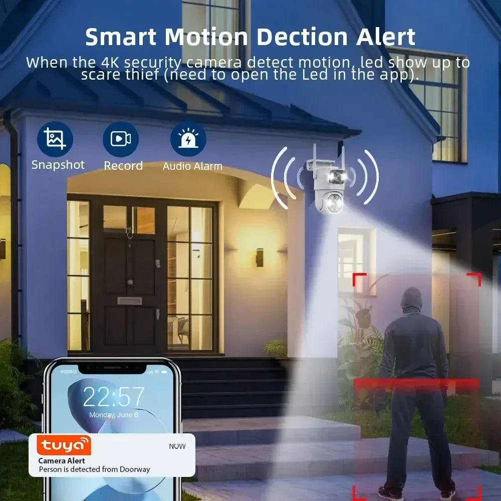 8MP Dual Lens Tuya Wifi Camera PTZ Outdoor 4K Wireless Dual Screen Security Camera Auto Tracking Monitoring ONVIF Alexa Support