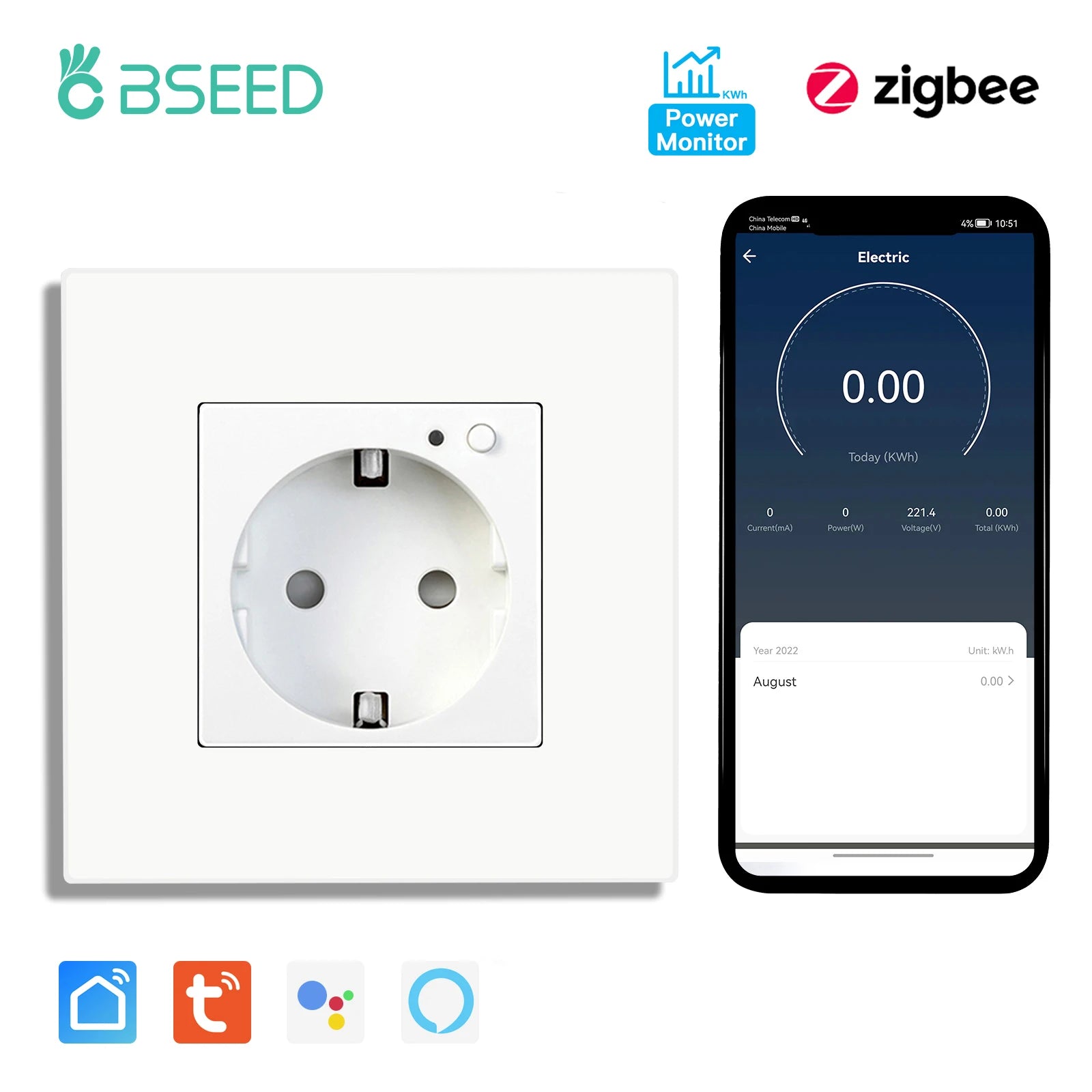 BSEED Zigbee Smart AC Socket EU Power Sockets With USB Type-c Fast Charging Ports Tuya Smart Life Alexa App Plastic Frame White
