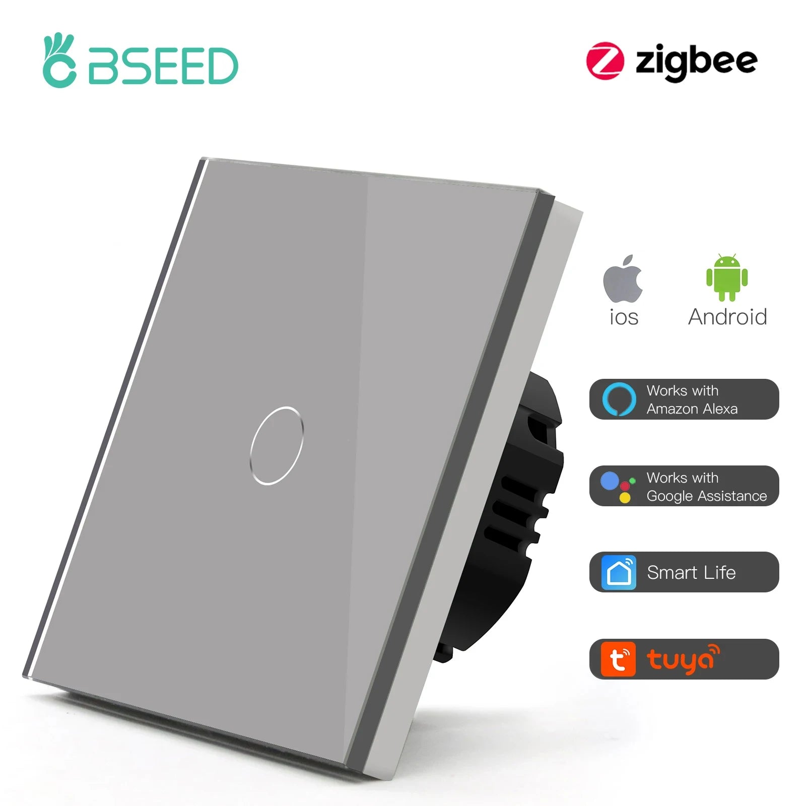 BSEED Zigbee 1/2/3Gang Touch Switches Smart Wall Light Switch Tuya Google Smart Life Alexa App Control Glass Panel No Neutral