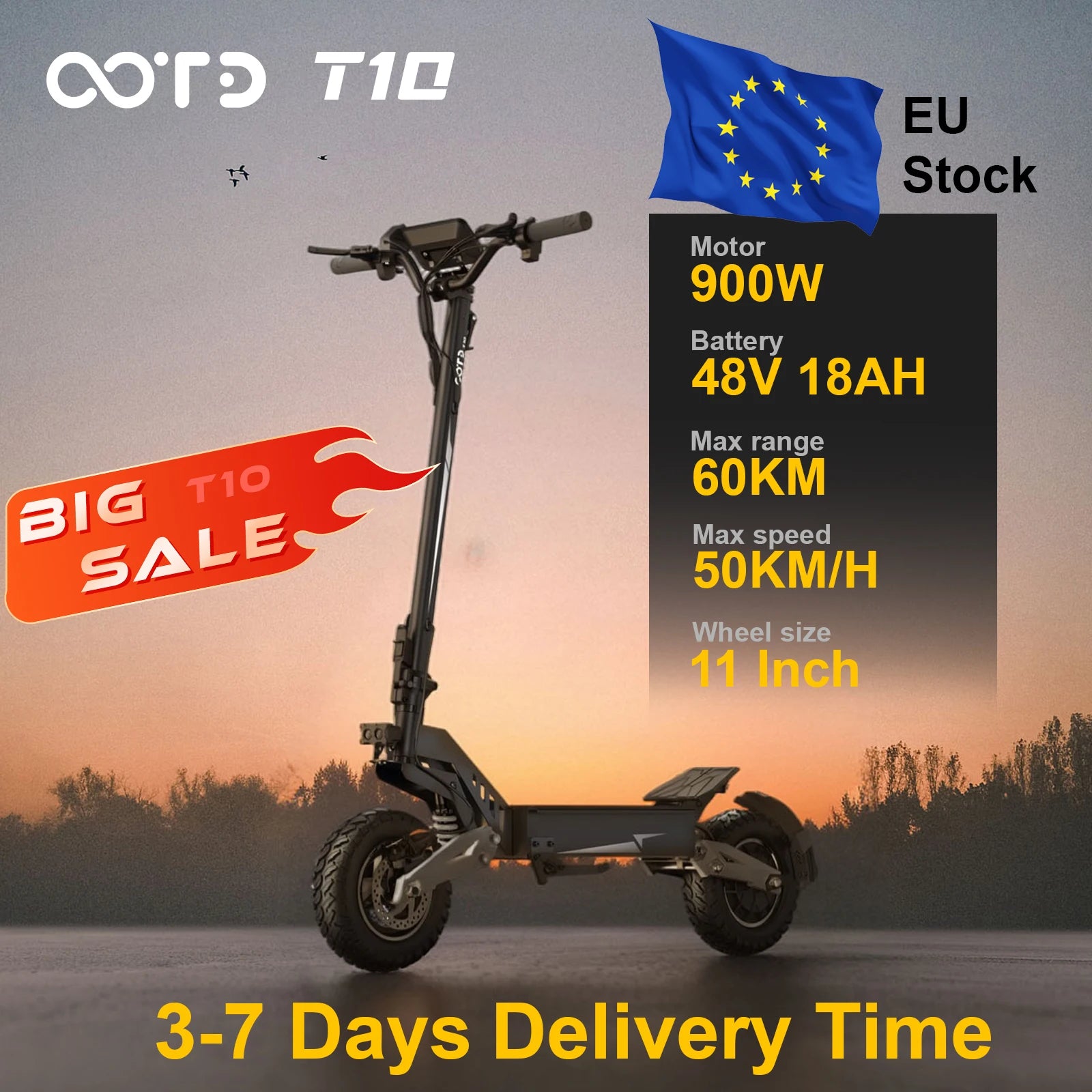 OOTD T10 900W Peak Motor E-Scooter 48V18Ah Battery Front and Rear Disc Brakes Electric Scooter 11-inch tires Scooters Electric