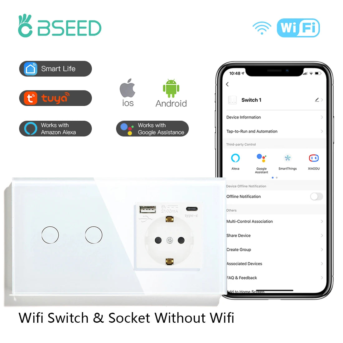 BSEED Wifi Touch Swithces Wall Light Switch With EU Socket USB Type-C Plugs Tuya Smart Life Alexa Yandex App Control Glass Panel
