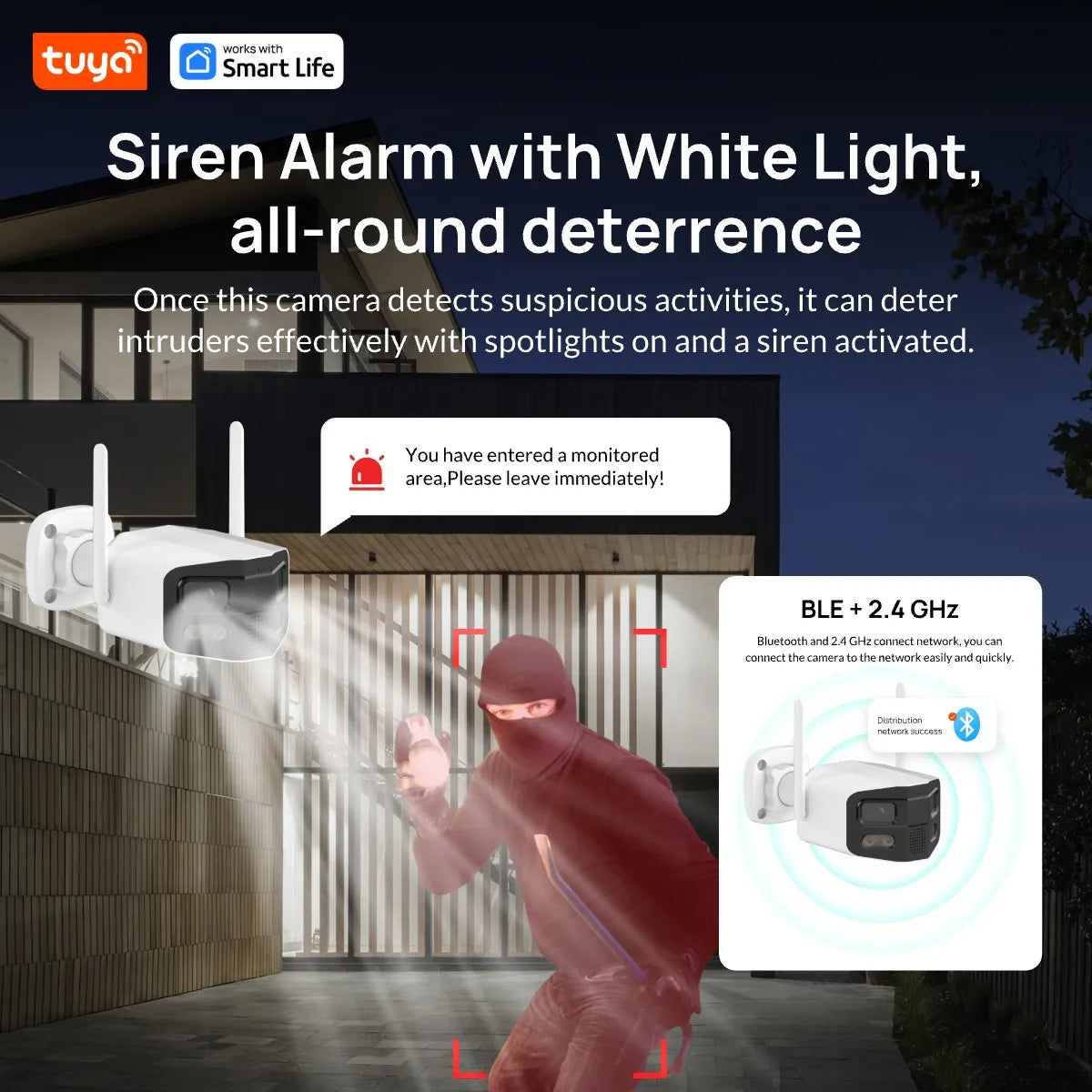 Tuya Smart 4MP 2.5K Dual-Lens Large wide 180°Security Camera , Outdoor Camera,With Color Night Vision/Siren/2-Way Talk IP Camera