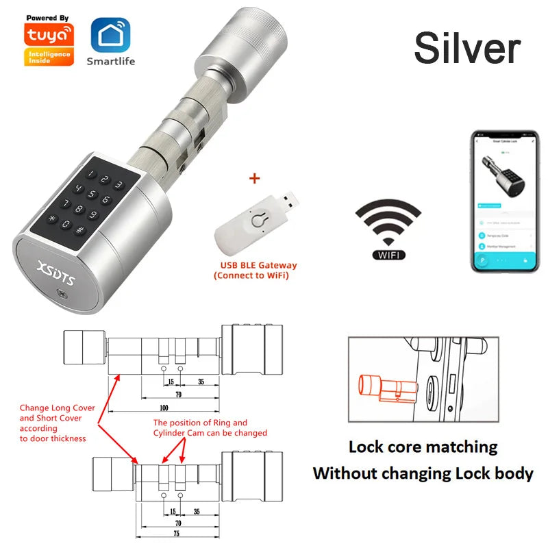 Tuya APP Fingerprint Cylinder Electronic Smart Door Lock Digital Keypad Code Key Card Remote Control Adjustable Home Apartment