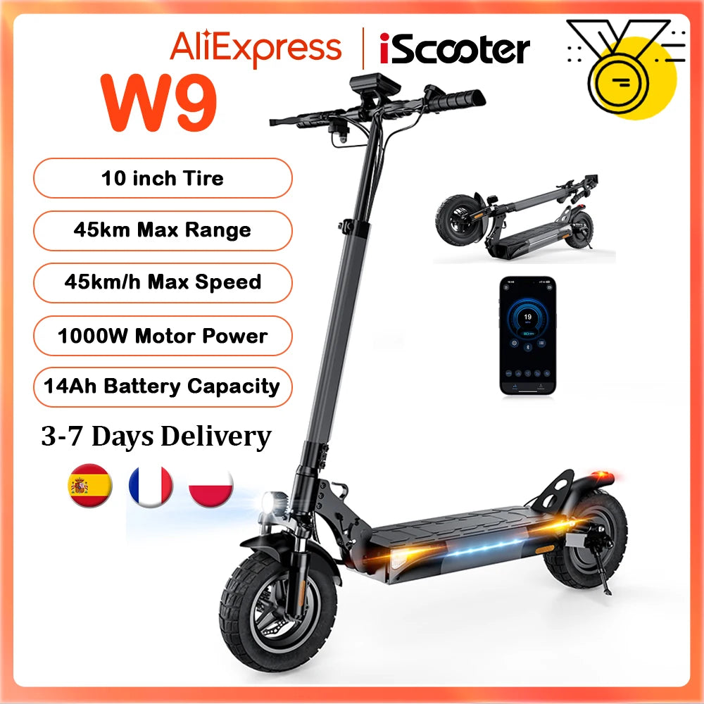 iScooter W9 Electric Scooter 10 inch 1000W 48V14Ah 35-45km Range 45km/h Max Speed Off Road Tires Rear Drive Dual Disc Brakes