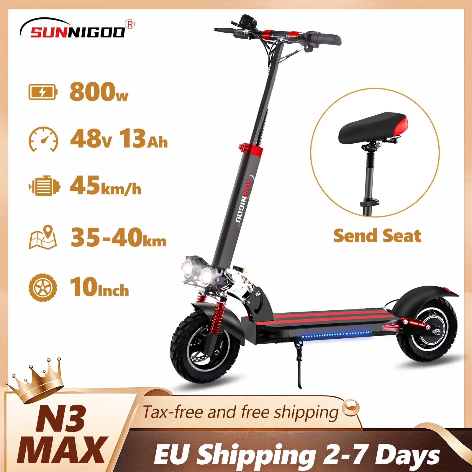 SUNNIGOO Electric Scooter For Adult 10 inch Off-Road 48V Lithium Battery Max Speed 45km/h Send Seat Foldable E Scooter